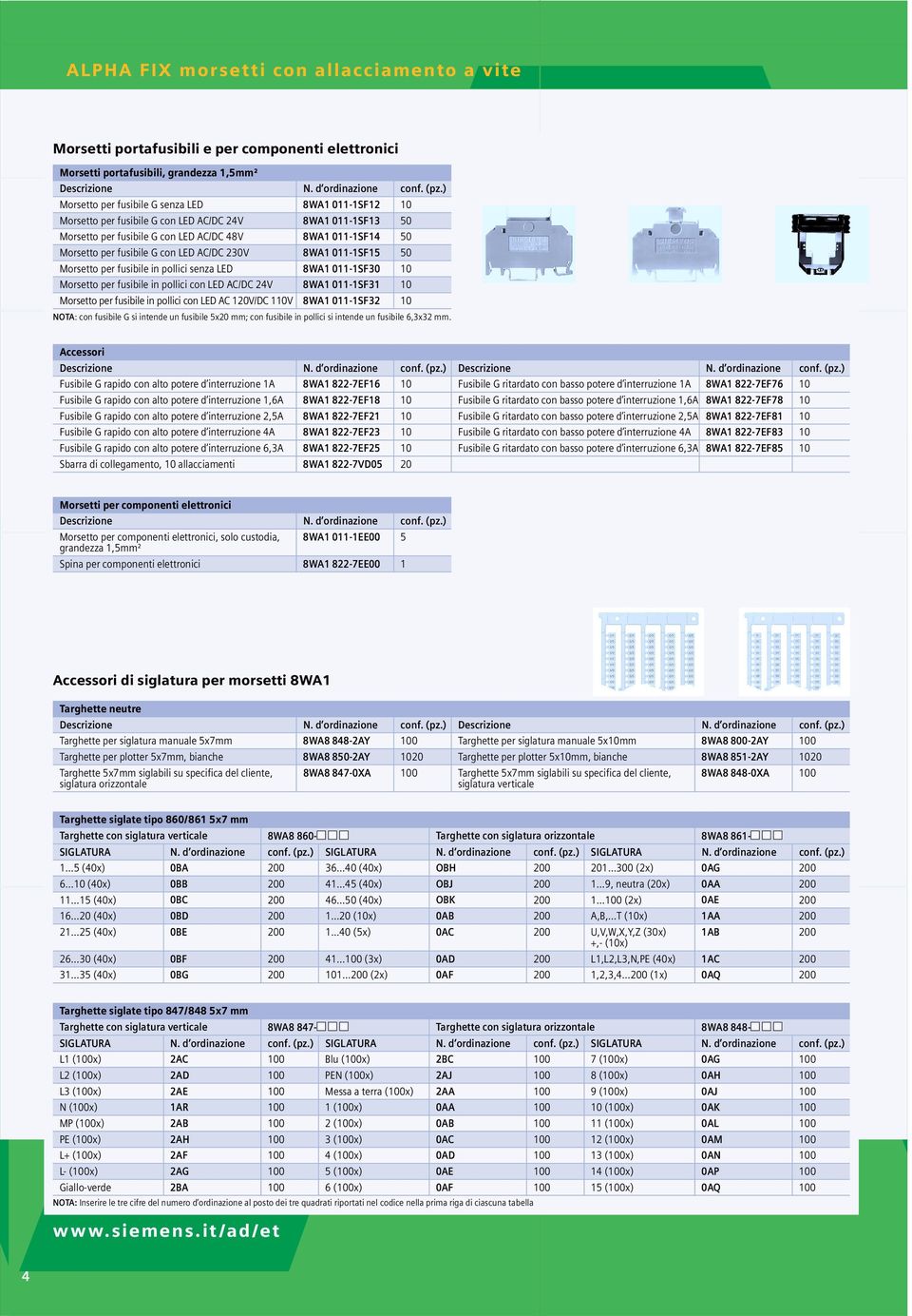 con LED AC/DC 230V 8WA1 011-1SF15 50 Morsetto per fusibile in pollici senza LED 8WA1 011-1SF30 10 Morsetto per fusibile in pollici con LED AC/DC 24V 8WA1 011-1SF31 10 Morsetto per fusibile in pollici