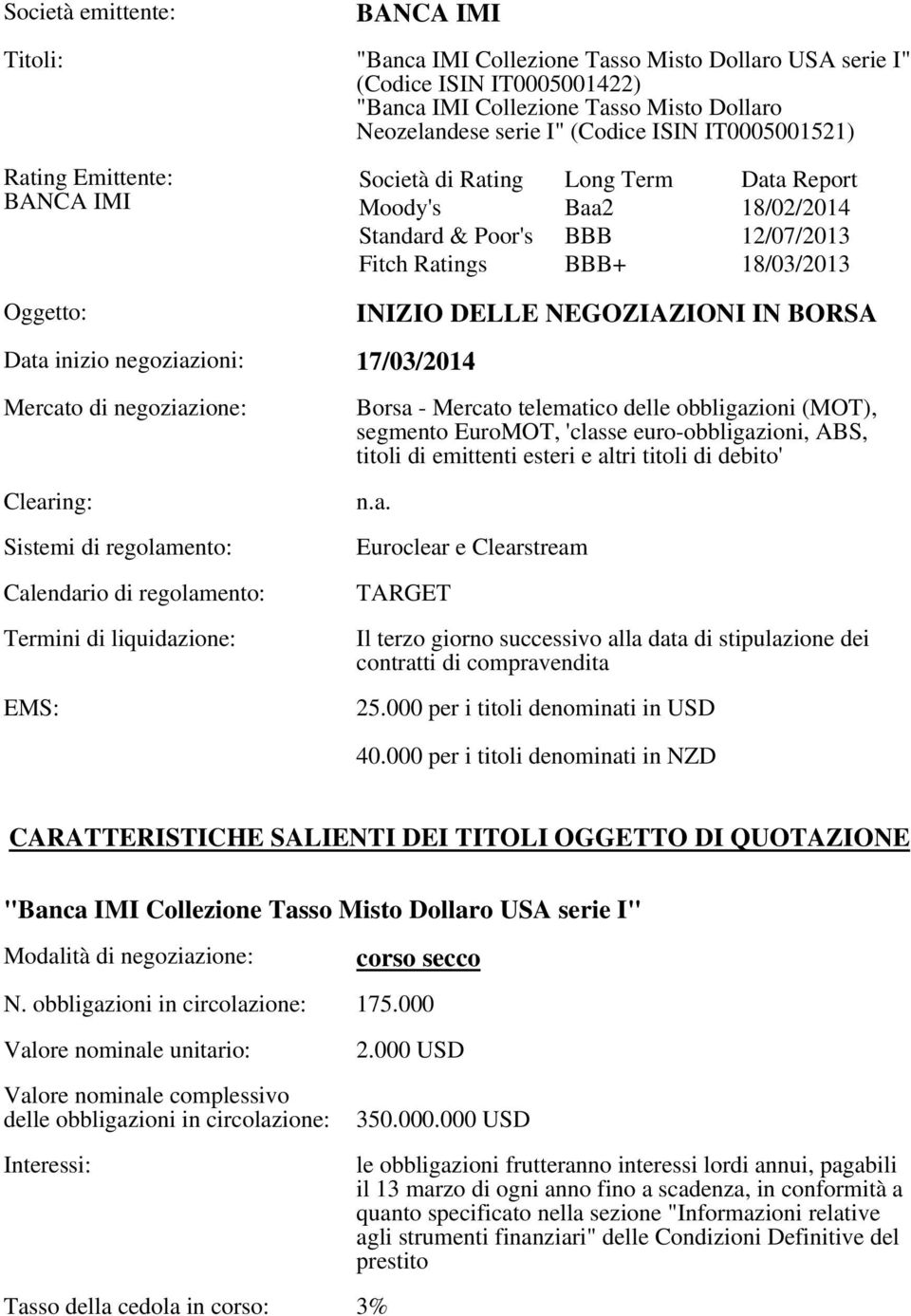 BBB+ 18/03/2013 INIZIO DELLE NEGOZIAZIONI IN BORSA Mercato di negoziazione: Clearing: Sistemi di regolamento: Calendario di regolamento: Termini di liquidazione: EMS: Borsa - Mercato telematico delle