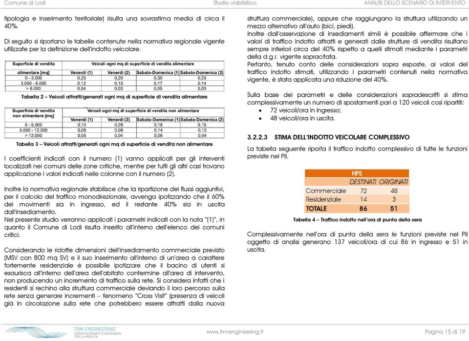 Tabella 2 Veicoli attratti/generati ogni mq di superficie di vendita alimentare struttura commerciale), oppure che raggiungano la struttura utilizzando un mezzo alternativo all auto (bici, piedi).