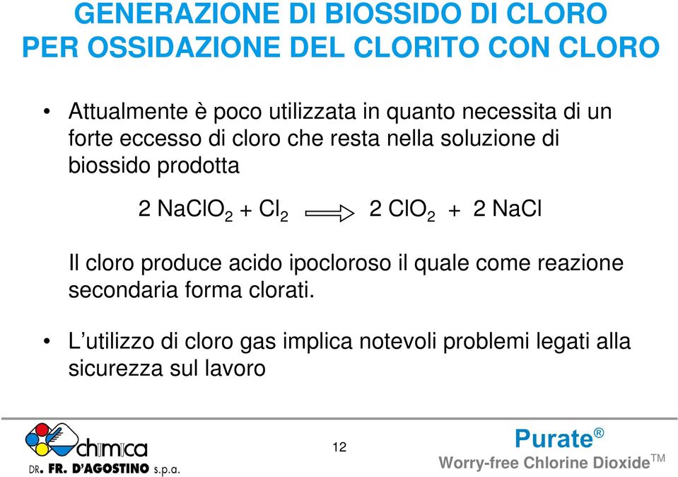 prodotta 2 NaClO 2 + Cl 2 2 ClO 2 + 2 NaCl Il cloro produce acido ipocloroso il quale come reazione