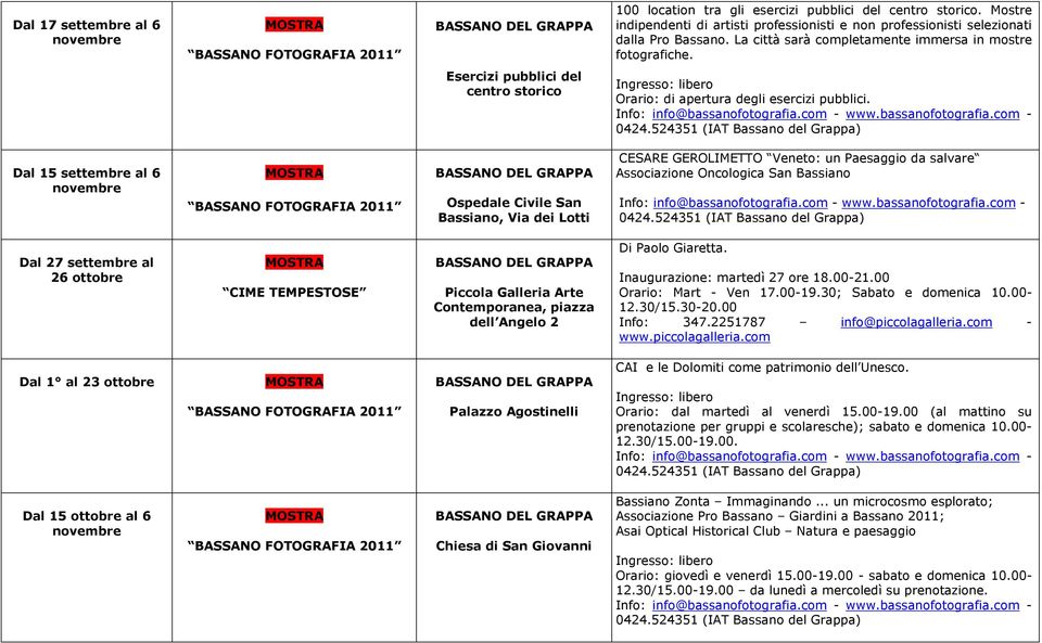 Dal 15 settembre al 6 Ospedale Civile San Bassiano, Via dei Lotti CESARE GEROLIMETTO Veneto: un Paesaggio da salvare Associazione Oncologica San Bassiano Dal 27 settembre al 26 ottobre CIME