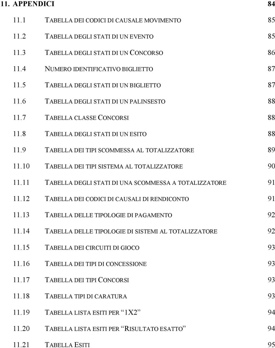 9 TABELLA DEI TIPI SCOMMESSA AL TOTALIZZATORE 89 11.10 TABELLA DEI TIPI SISTEMA AL TOTALIZZATORE 90 11.11 TABELLA DEGLI STATI DI UNA SCOMMESSA A TOTALIZZATORE 91 11.