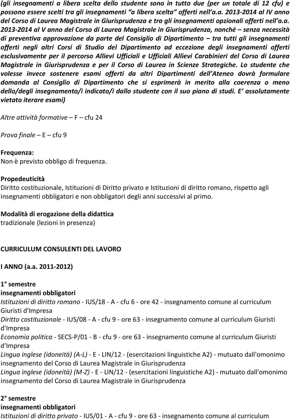 Modalità di erogazione della didattica tradizionale (lezioni in presenza) CURRICULUM CONSULENTI DEL LAVORO I ANNO (a.a. 2011 2012) Istituzioni di diritto romano IUS/18 A cfu 6 ore 42 insegnamento