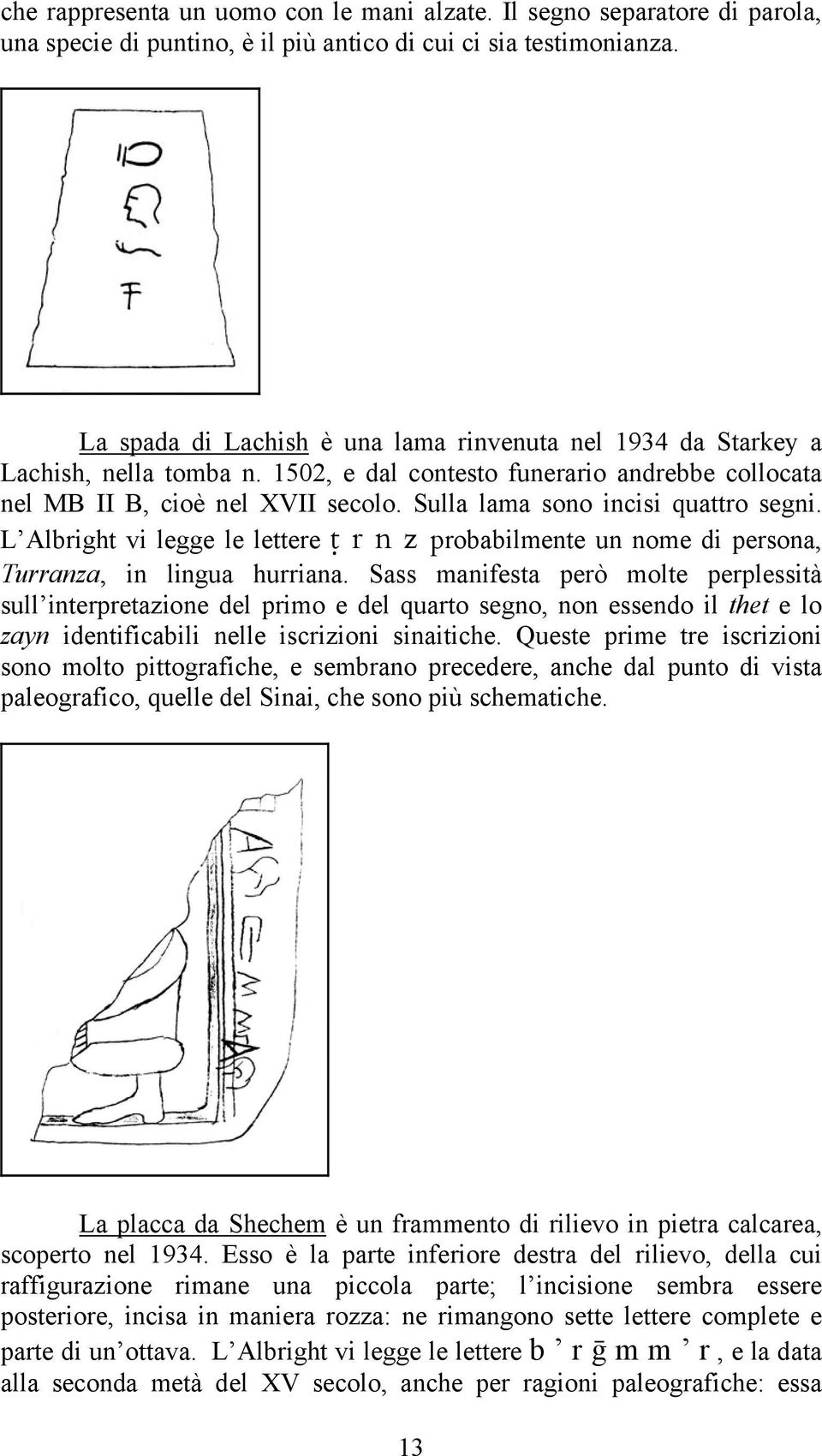 Sulla lama sono incisi quattro segni. L Albright vi legge le lettere ṭ r n z probabilmente un nome di persona, Turranza, in lingua hurriana.