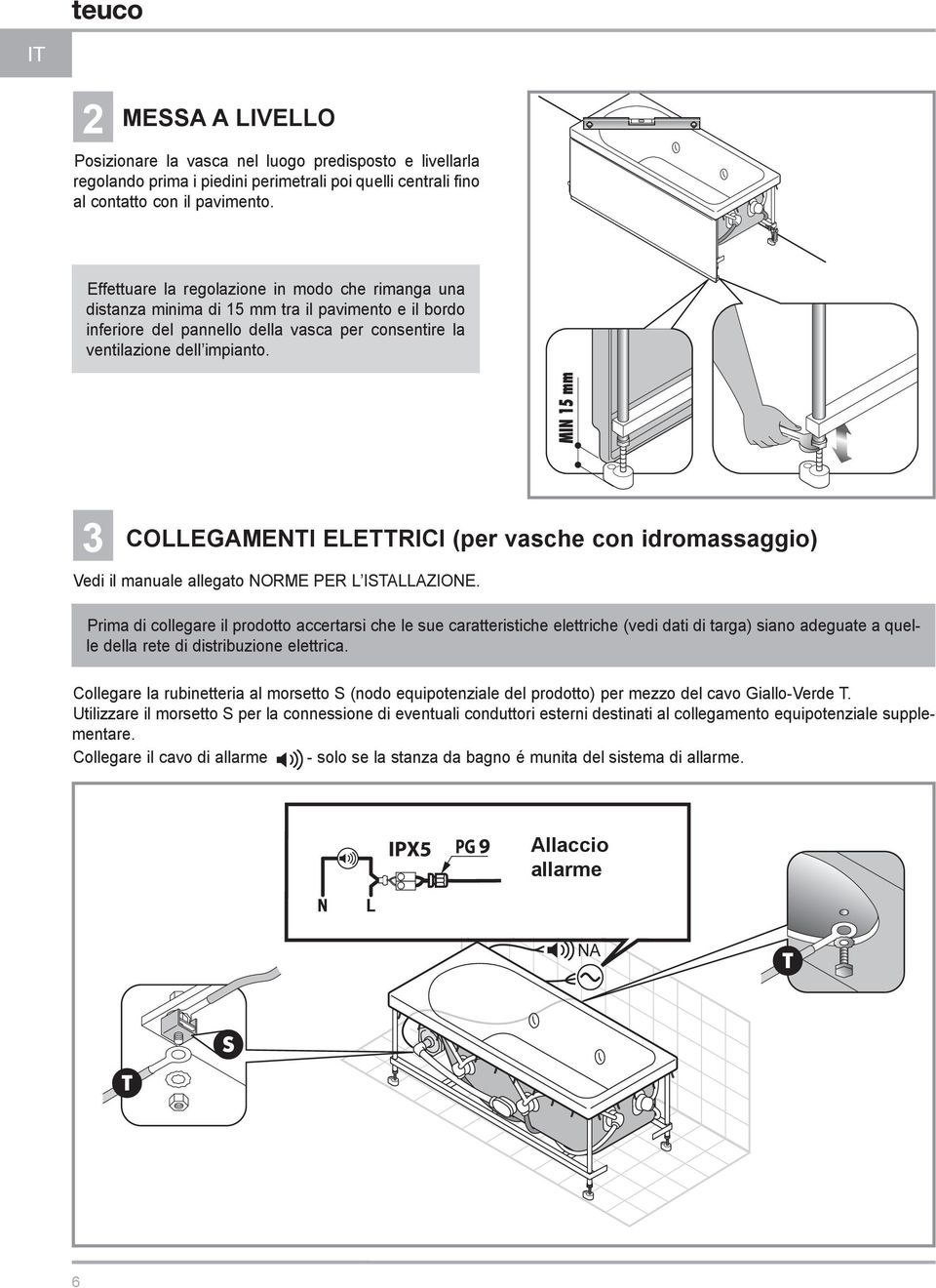 3 COLLEGAMENTI ELETTRICI (per vasche con idromassaggio) Vedi il manuale allegato NORME PER L ISTALLAZIONE.