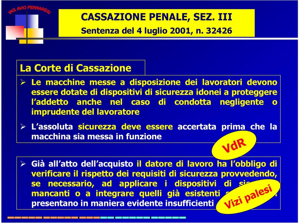 caso di condotta negligente o imprudente del lavoratore L assoluta sicurezza deve essere accertata prima che la macchina sia messa in funzione VdR Già all atto dell