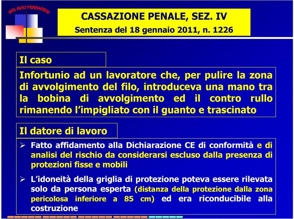 rullo rimanendo l impigliato con il guanto e trascinato Il datore di lavoro Fatto affidamento alla Dichiarazione CE di conformità e di analisi del rischio da