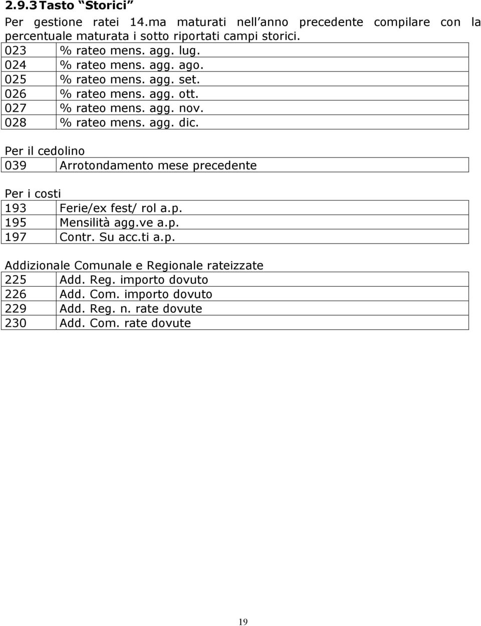 028 % rateo mens. agg. dic. Per il cedolino 039 Arrotondamento mese precedente Per i costi 193 Ferie/ex fest/ rol a.p. 195 Mensilità agg.ve a.p. 197 Contr.