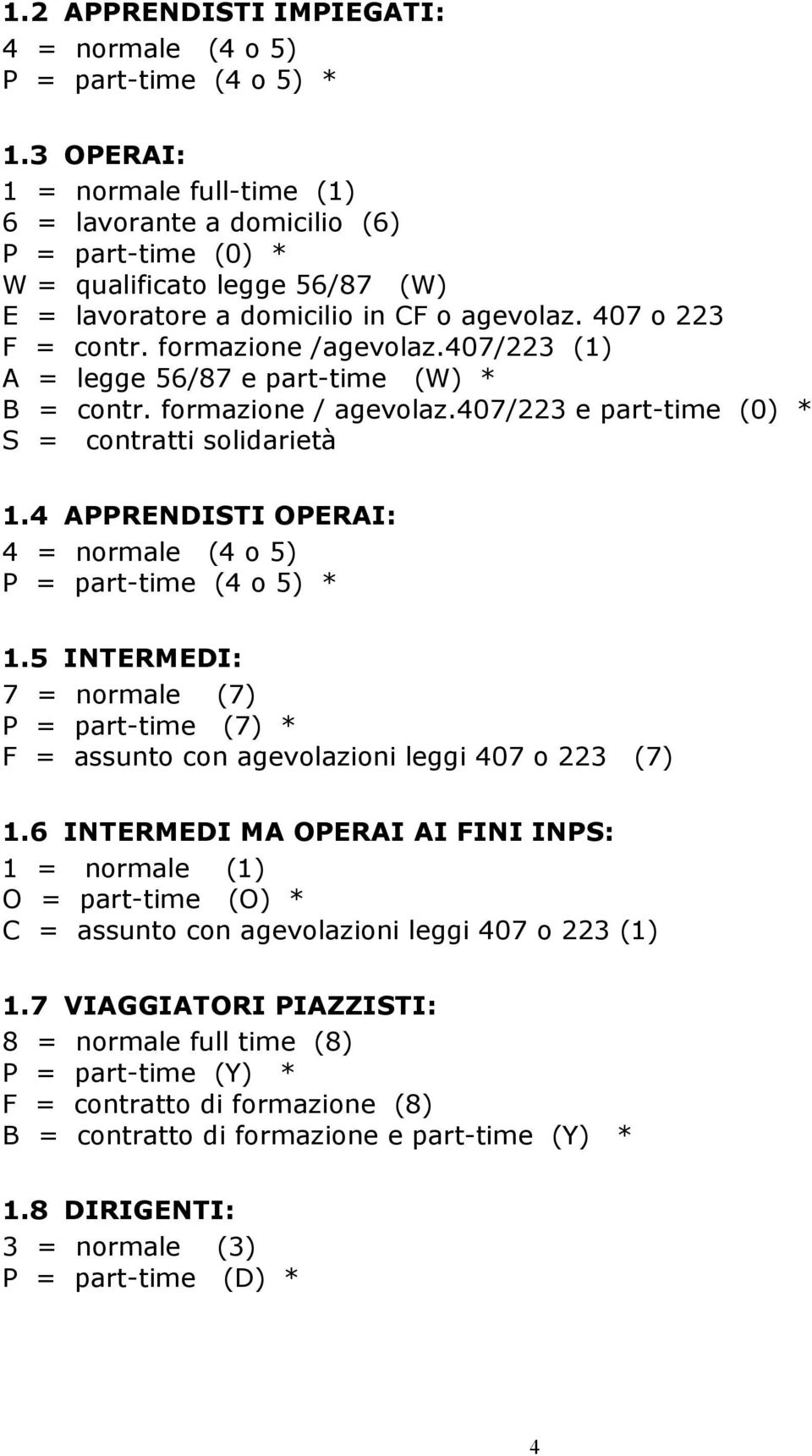 formazione /agevolaz.407/223 (1) A = legge 56/87 e part-time (W) * B = contr. formazione / agevolaz.407/223 e part-time (0) * S = contratti solidarietà 1.