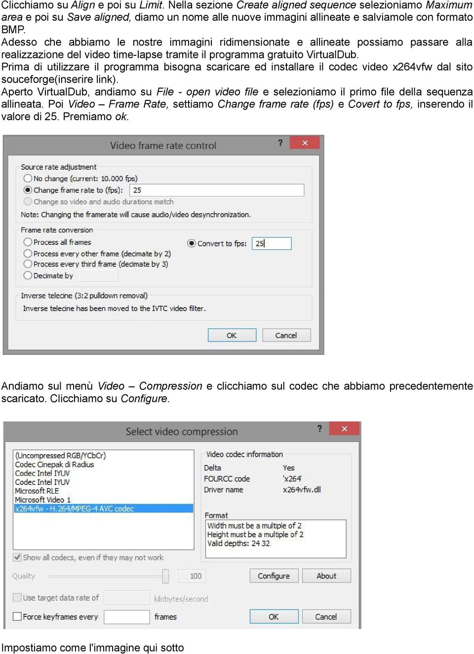 Prima di utilizzare il programma bisogna scaricare ed installare il codec video x264vfw dal sito souceforge(inserire link).