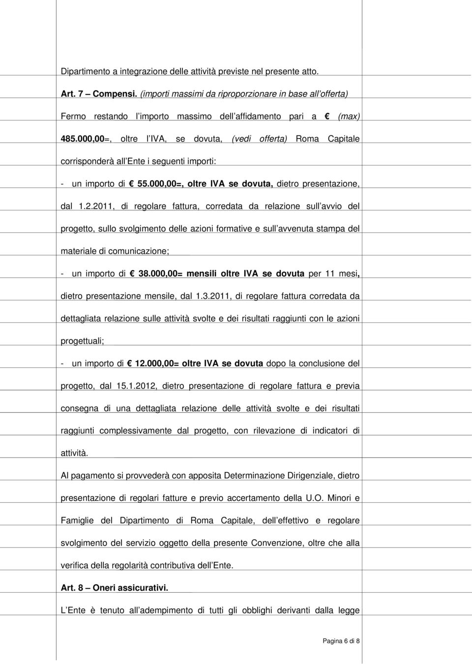 000,00=, oltre l IVA, se dovuta, (vedi offerta) Roma Capitale corrisponderà all Ente i seguenti importi: - un importo di 55.000,00=, oltre IVA se dovuta, dietro presentazione, dal 1.2.