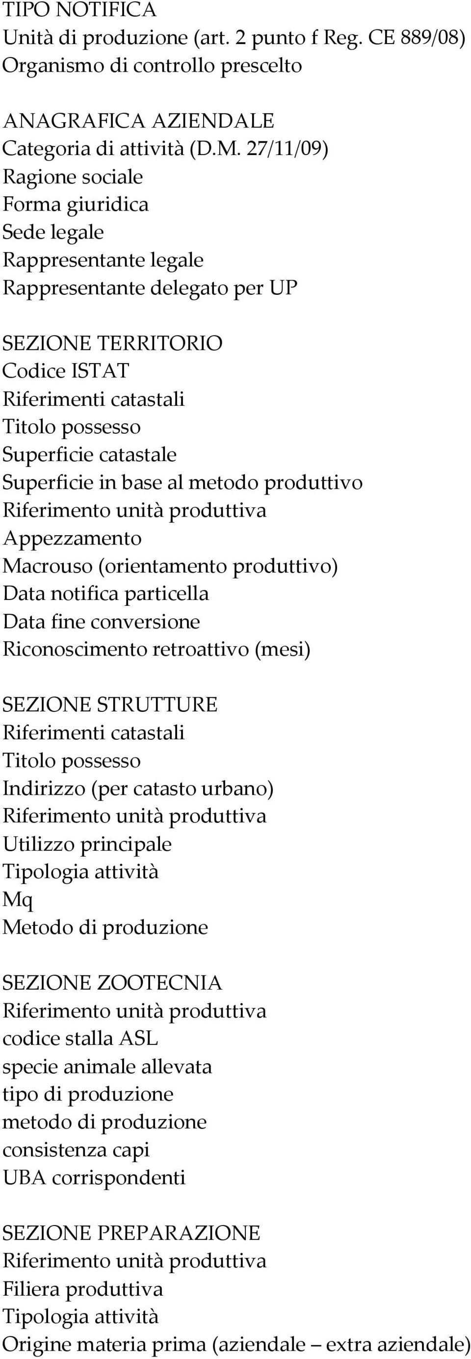 base al metodo produttivo Appezzamento Macrouso (orientamento produttivo) Data notifica particella Data fine conversione Riconoscimento retroattivo (mesi) SEZIONE STRUTTURE Riferimenti catastali