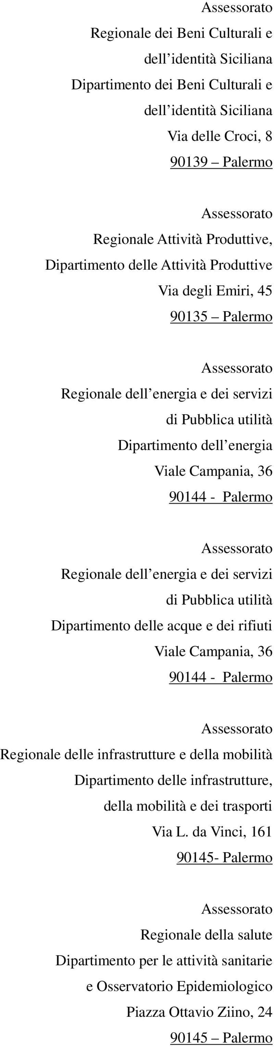 dell energia e dei servizi di Pubblica utilità Dipartimento delle acque e dei rifiuti Viale Campania, 36 90144 - Palermo Regionale delle infrastrutture e della mobilità Dipartimento delle