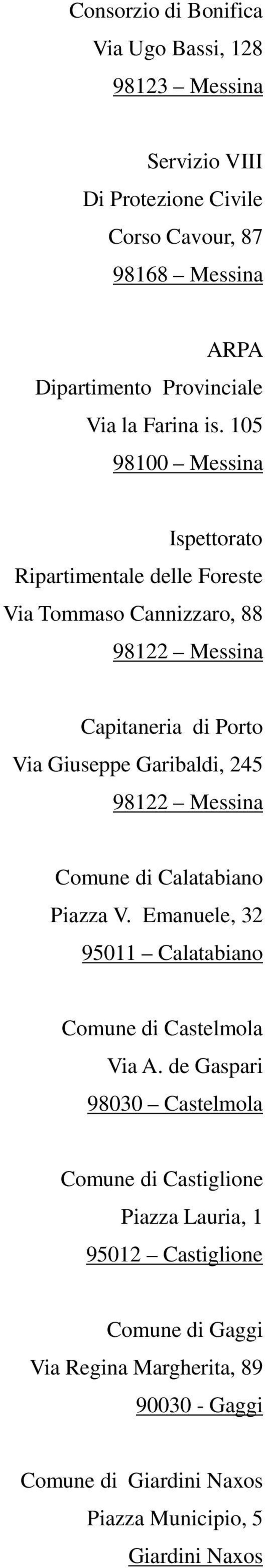 98122 Messina Comune di Calatabiano Piazza V. Emanuele, 32 95011 Calatabiano Comune di Castelmola Via A.