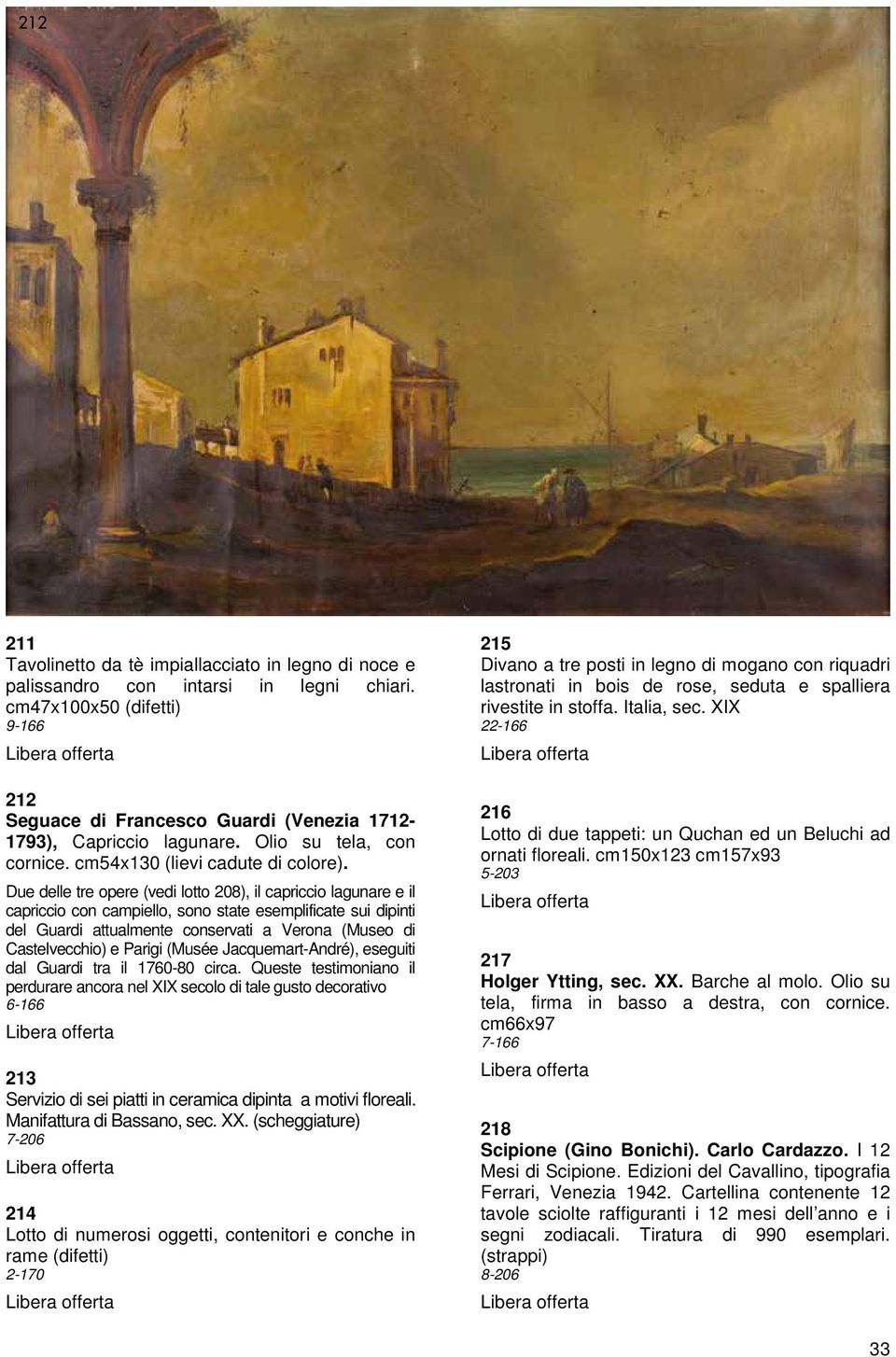 Due delle tre opere (vedi lotto 208), il capriccio lagunare e il capriccio con campiello, sono state esemplificate sui dipinti del Guardi attualmente conservati a Verona (Museo di Castelvecchio) e