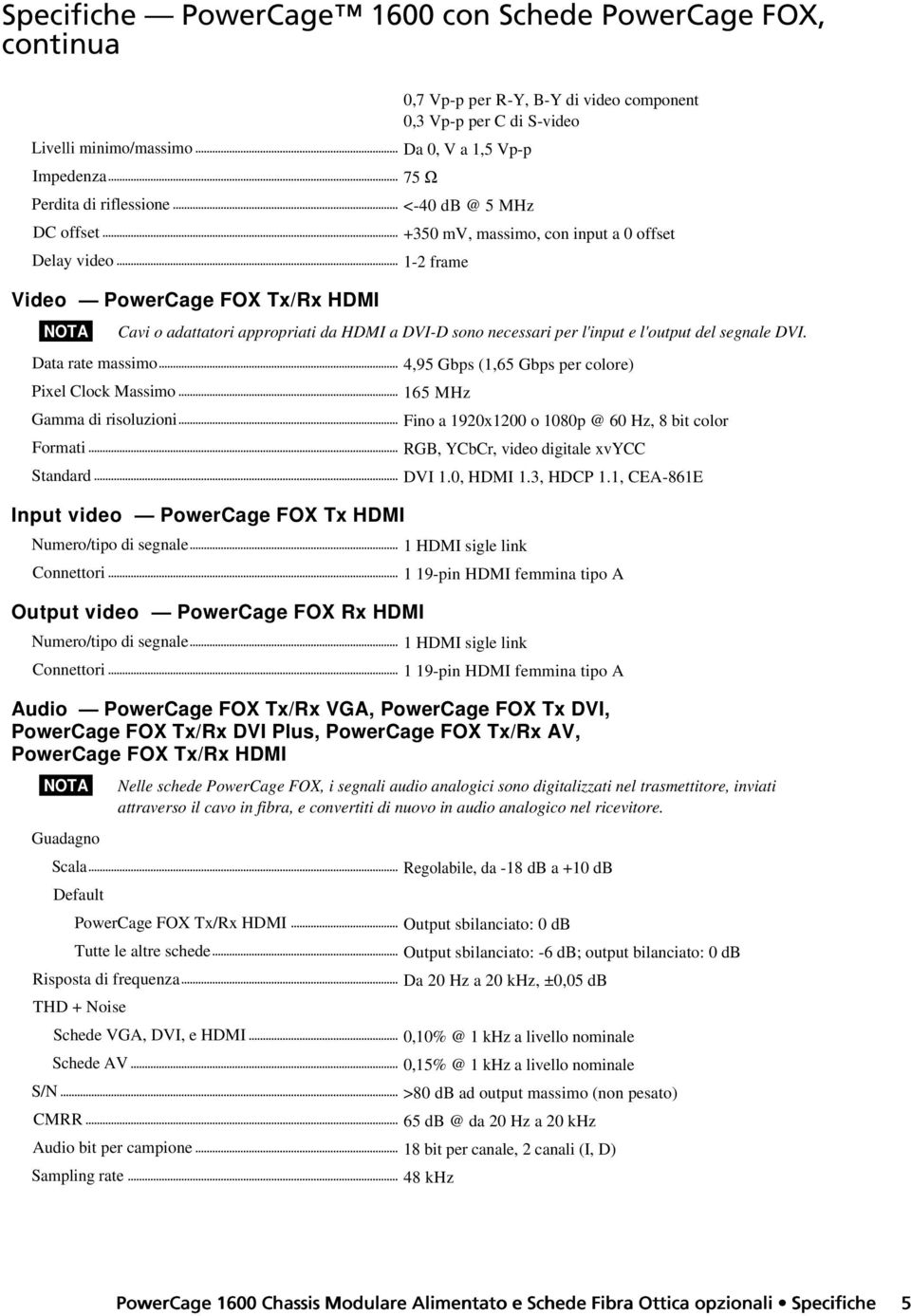 Input video PowerCage FOX Tx HDMI Output video PowerCage FOX Rx HDMI 4,95 Gbps (1,65 Gbps per colore) 165 MHz Fino a 1920x1200 o 1080p @ 60 Hz, 8 bit color RGB, YCbCr, video digitale xvycc DVI 1.