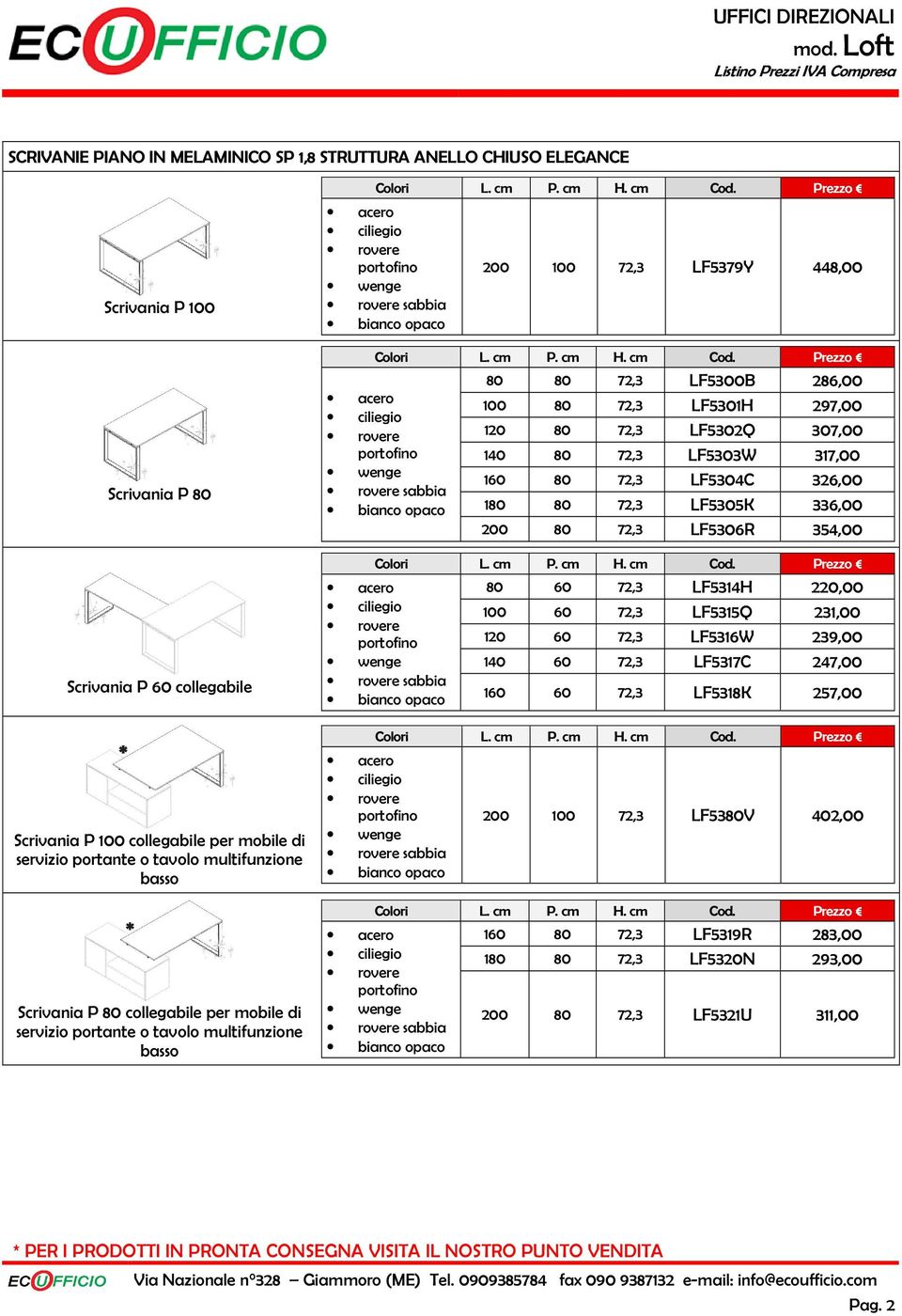 LF5306R 354,00 80 60 72,3 LF5314H 220,00 100 60 72,3 LF5315Q 231,00 120 60 72,3 LF5316W 239,00 140 60 72,3 LF5317C 247,00 160 60 72,3 LF5318K 257,00 Scrivania P 100