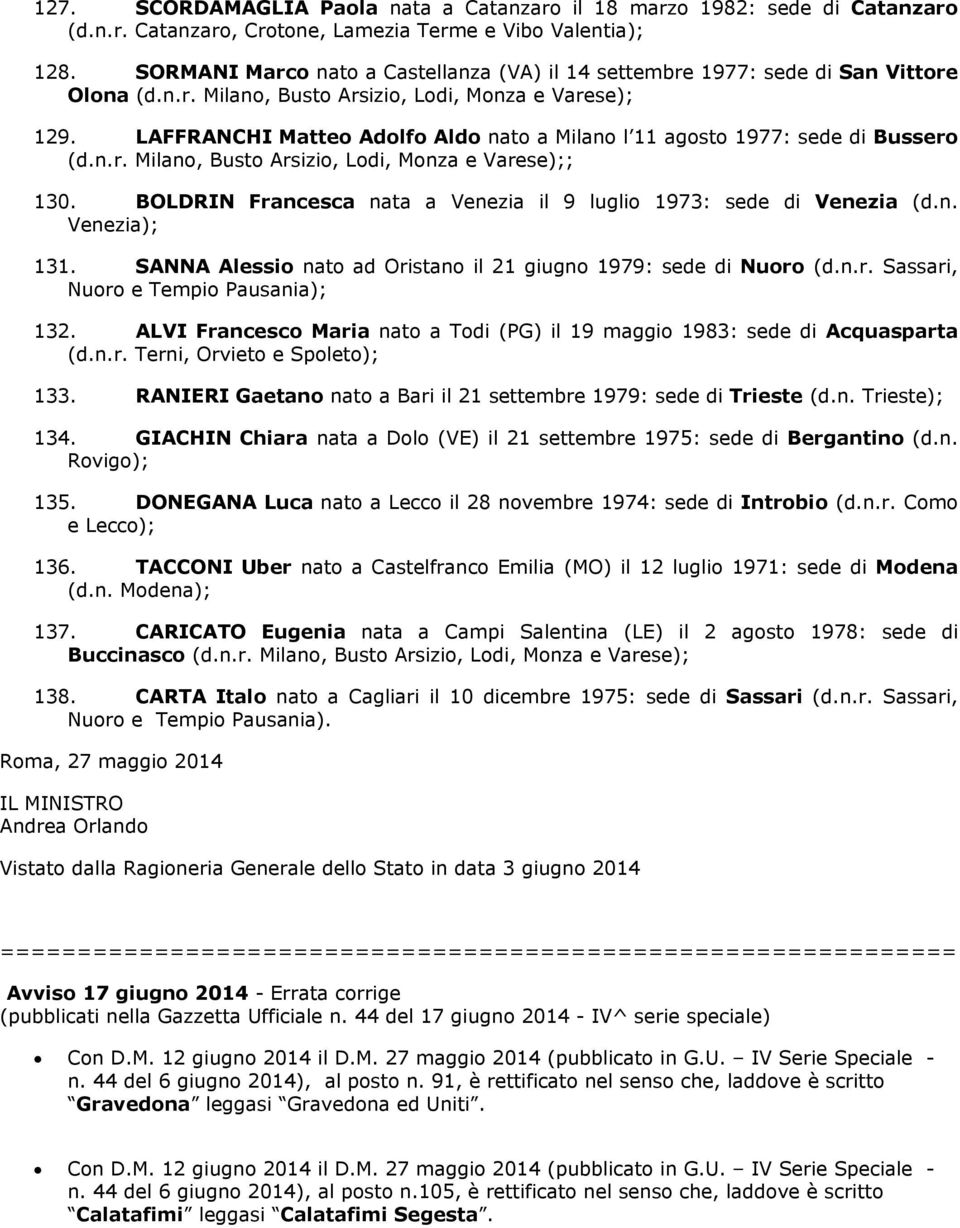 LAFFRANCHI Matteo Adolfo Aldo nato a Milano l 11 agosto 1977: sede di Bussero (d.n.r. Milano, Busto Arsizio, Lodi, Monza e Varese);; 130.