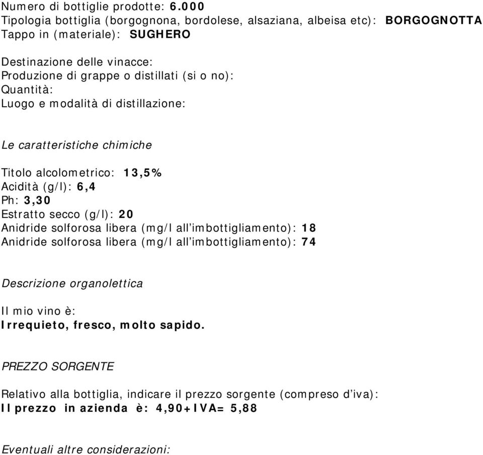 o no): Quantità: Luogo e modalità di distillazione: Le caratteristiche chimiche Titolo alcolometrico: 13,5% Acidità (g/l): 6,4 Ph: 3,30 Estratto secco (g/l): 20 Anidride solforosa