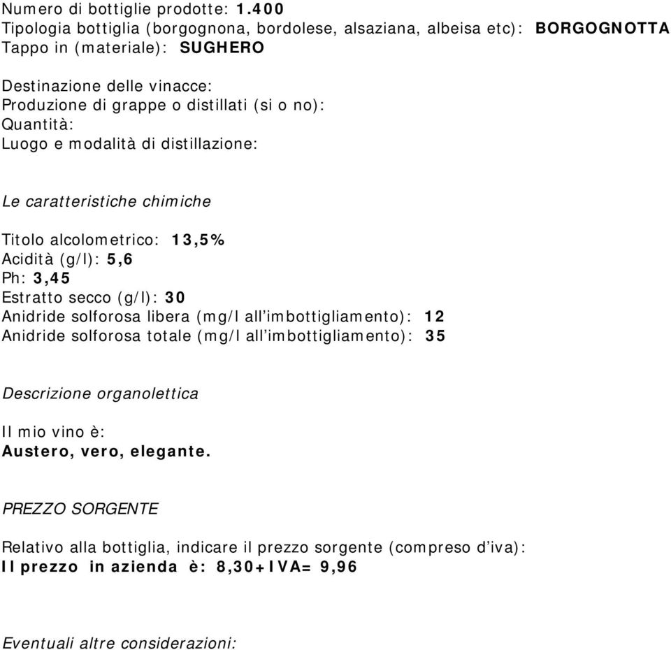 (si o no): Quantità: Luogo e modalità di distillazione: Le caratteristiche chimiche Titolo alcolometrico: 13,5% Acidità (g/l): 5,6 Ph: 3,45 Estratto secco (g/l): 30 Anidride