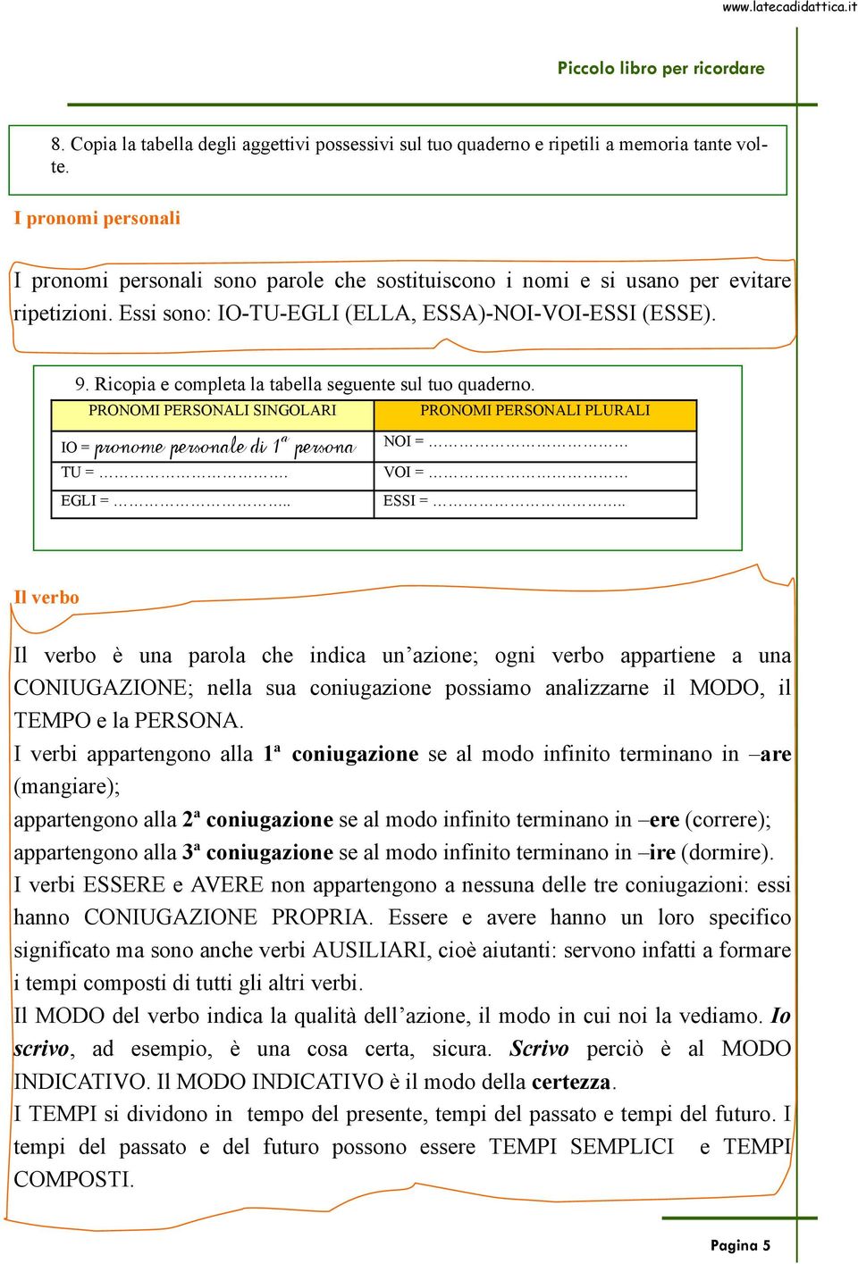 Ricopia e completa la tabella seguente sul tuo quaderno. PRONOMI PERSONALI SINGOLARI PRONOMI PERSONALI PLURALI IO = pronome personale di 1ª persona TU =. EGLI =.. NOI = VOI = ESSI =.