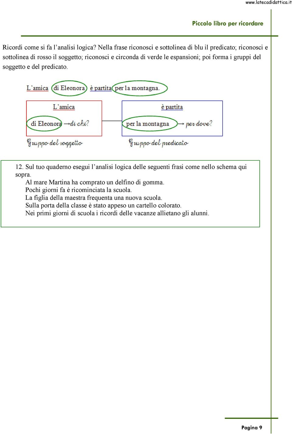 forma i gruppi del soggetto e del predicato. 12. Sul tuo quaderno esegui l analisi logica delle seguenti frasi come nello schema qui sopra.