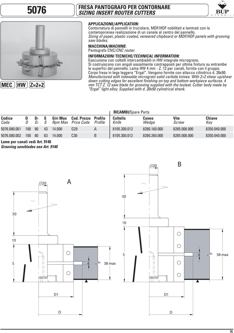 i costruiscono con angoli assialmente contrapposti per ottima finitura su entrambe le superfici del pannello. Lama 4 mm - Z. 12 per canali, fornita con il gruppo. Corpo fresa in lega leggera Ergal.