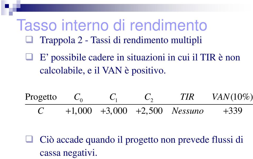 Progetto C C C TIR VAN (10%) C 0 1 2 + 1,000 + 3,000 + 2,500