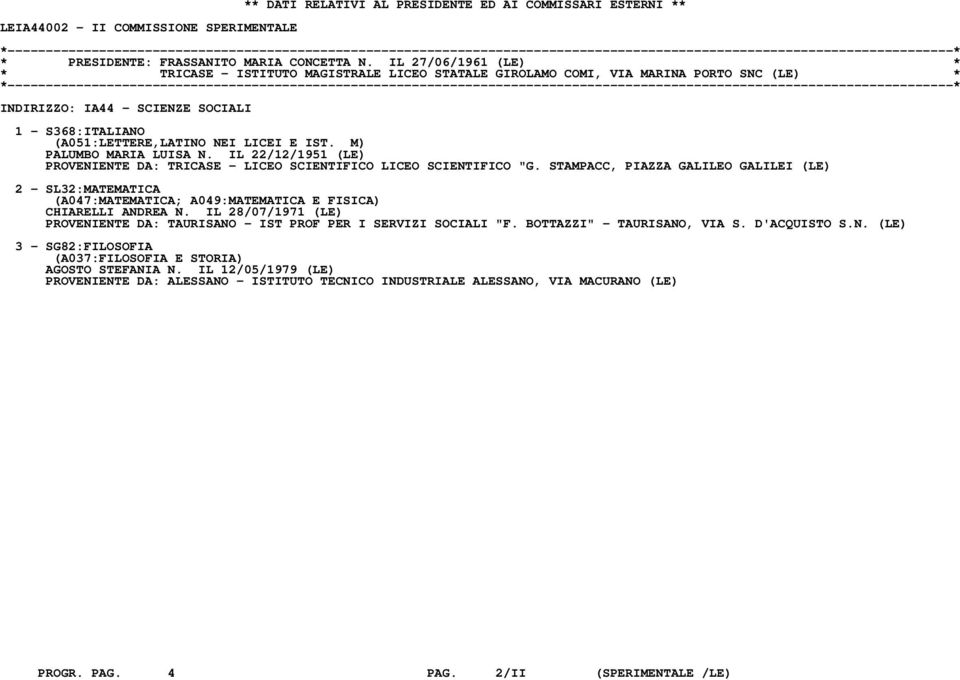 M) PALUMBO MARIA LUISA N. IL 22/12/1951 (LE) PROVENIENTE DA: TRICASE - LICEO SCIENTIFICO LICEO SCIENTIFICO "G.