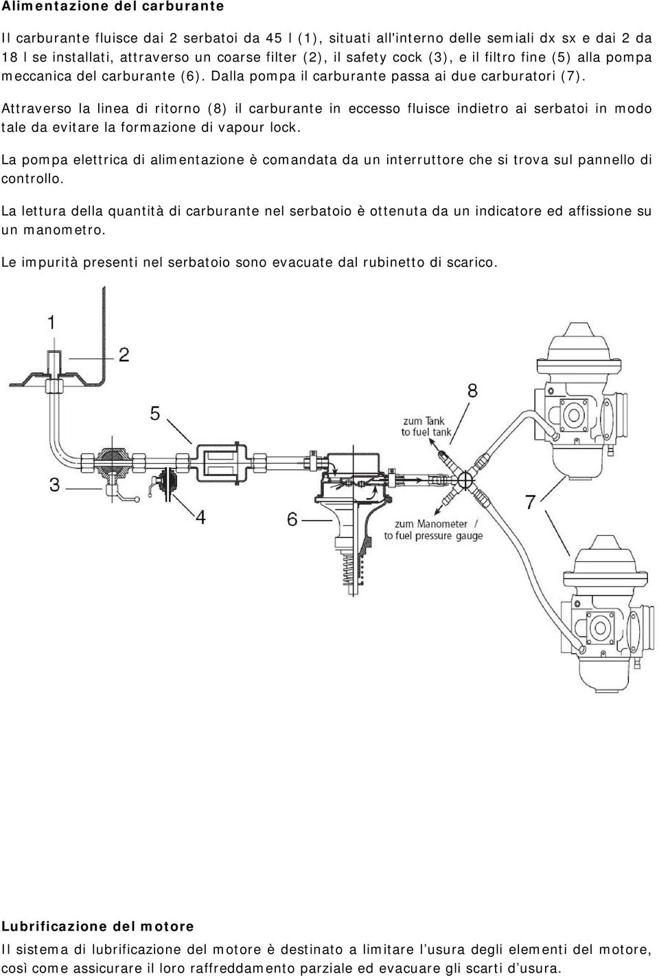 Attraverso la linea di ritorno (8) il carburante in eccesso fluisce indietro ai serbatoi in modo tale da evitare la formazione di vapour lock.