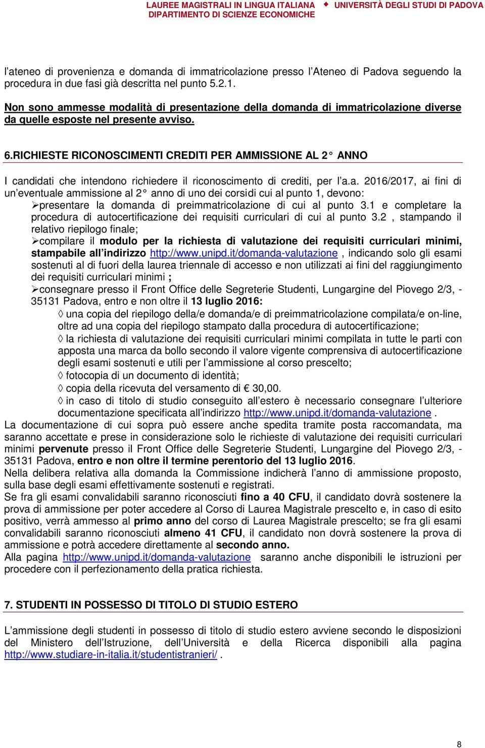 RICHIESTE RICONOSCIMENTI CREDITI PER AMMISSIONE AL 2 ANNO I can