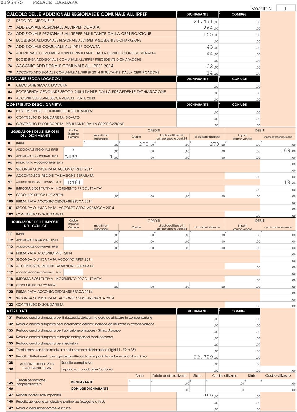 ADDIZIONALE COMUNALE ALL' PRECEDENTE DICHIARAZIONE ACCONTO ADDIZIONALE COMUNALE ALL' 0 ACCONTO ADDIZIONALE COMUNALE ALL' 0 RISULTANTE DALLA CERTIFICAZIONE CEDOLARE SECCA DOVUTA ECCEDENZA CEDOLARE