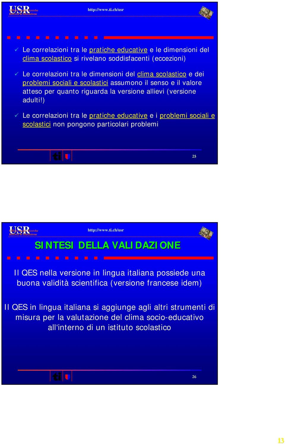 ) Le correlazioni tra le pratiche educative e i problemi sociali e scolastici non pongono particolari problemi 25 SINTESI DELLA VALIDAZIONE Il QES nella versione in lingua