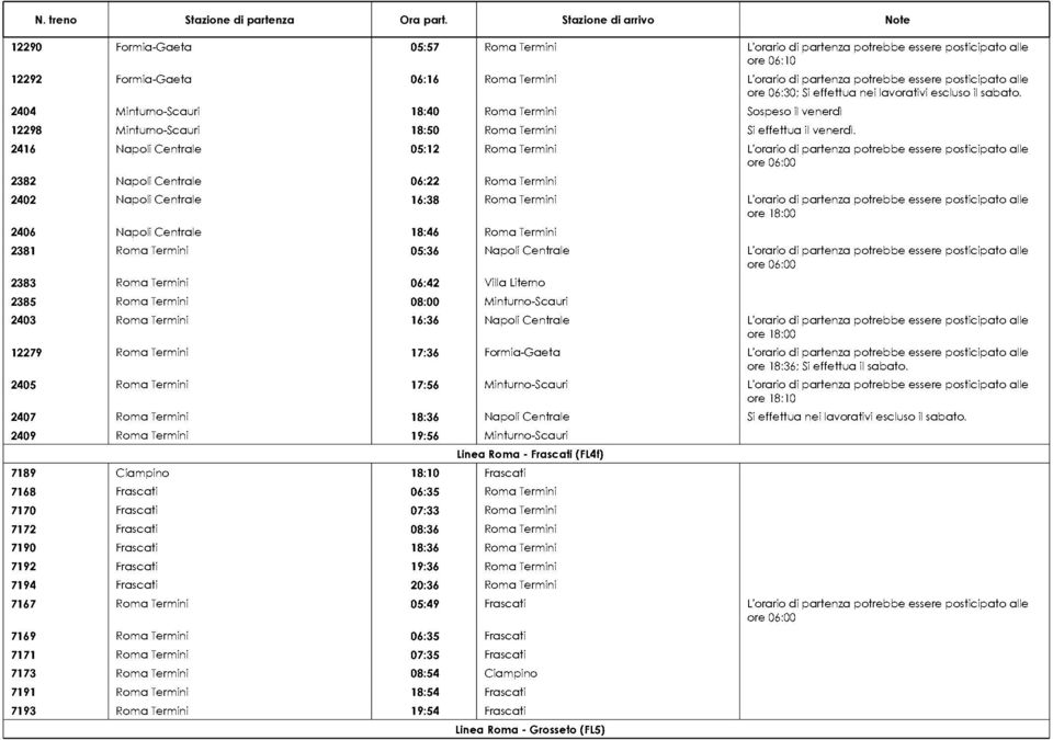 2416 Napoli Centrale 05:12 Roma Termini L'orario di partenza potrebbe essere posticipato alle 2382 Napoli Centrale 06:22 Roma Termini 2402 Napoli Centrale 16:38 Roma Termini L'orario di partenza
