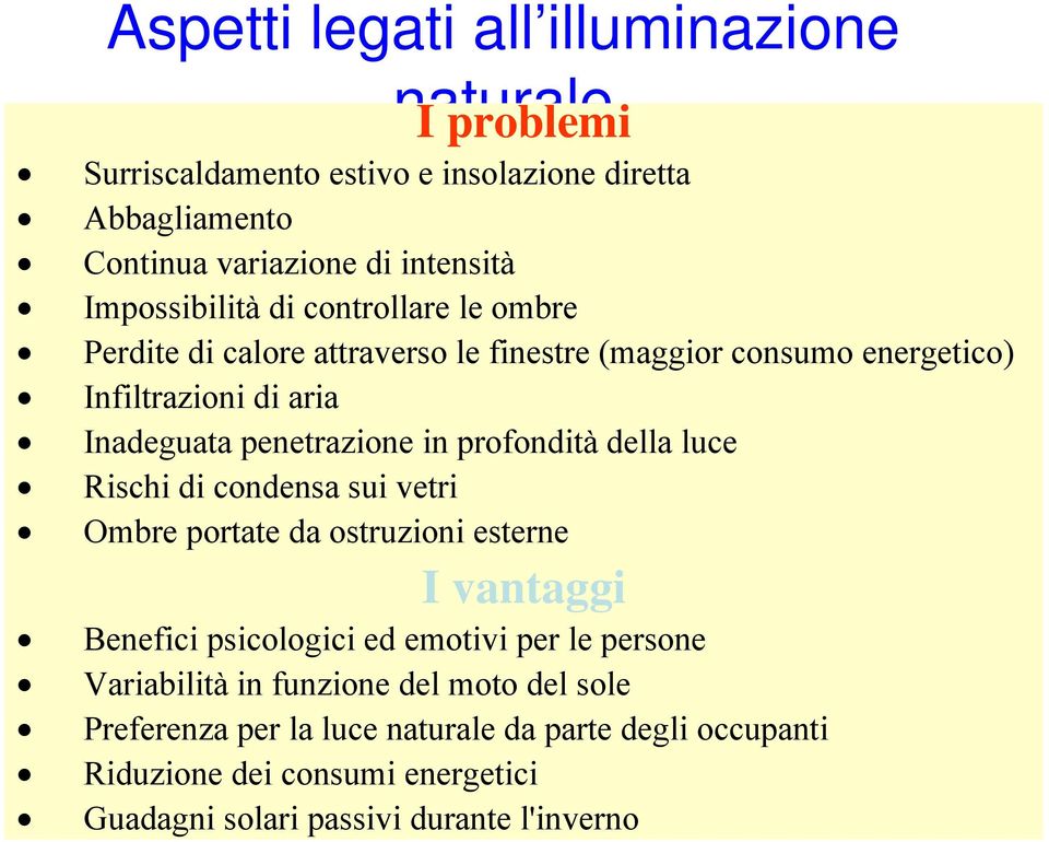 in profondità della luce Rischi di condensa sui vetri Ombre portate da ostruzioni esterne I vantaggi Benefici psicologici ed emotivi per le persone