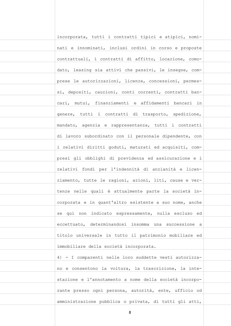 di trasporto, spedizione, mandato, agenzia e rappresentanza, tutti i contratti di lavoro subordinato con il personale dipendente, con i relativi diritti goduti, maturati ed acquisiti, compresi gli