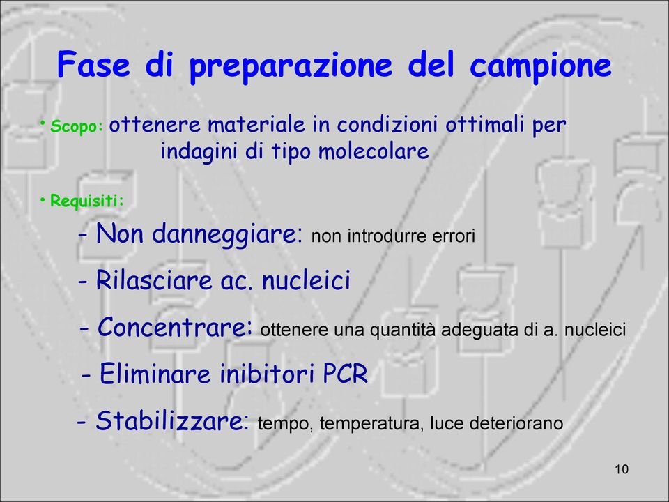 - Rilasciare ac. nucleici - Concentrare: ottenere una quantità adeguata di a.