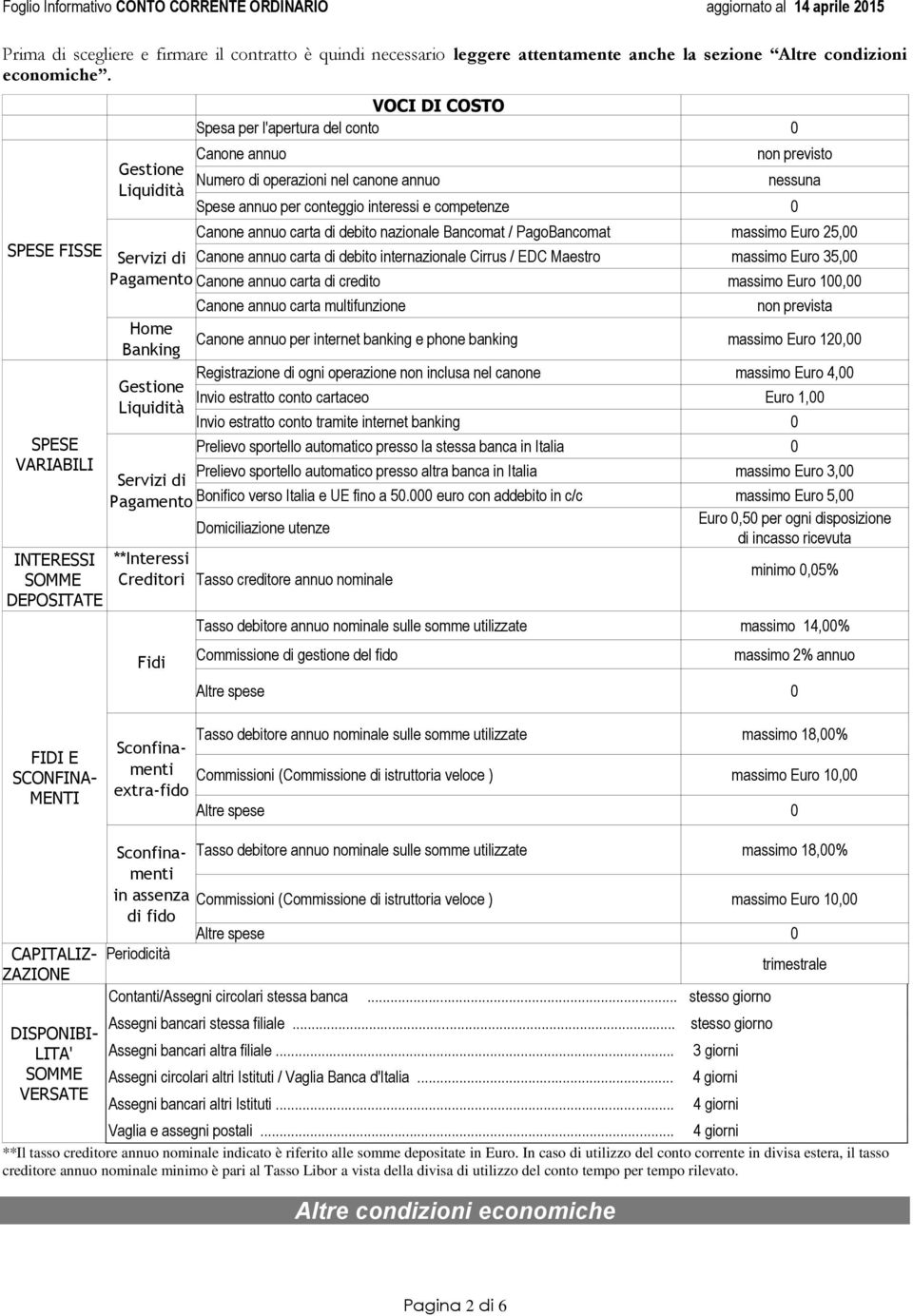 per conteggio interessi e competenze 0 nessuna Canone annuo carta di debito nazionale Bancomat / PagoBancomat massimo Euro 25,00 Servizi di Canone annuo carta di debito internazionale Cirrus / EDC