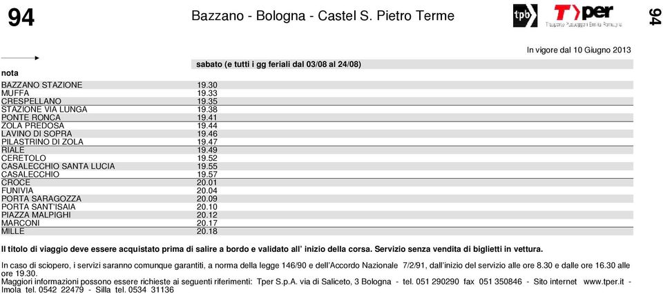 47 RIALE 19.49 CERETOLO 19.52 CASALECCHIO SANTA LUCIA 19.55 CASALECCHIO 19.57 CROCE 20.