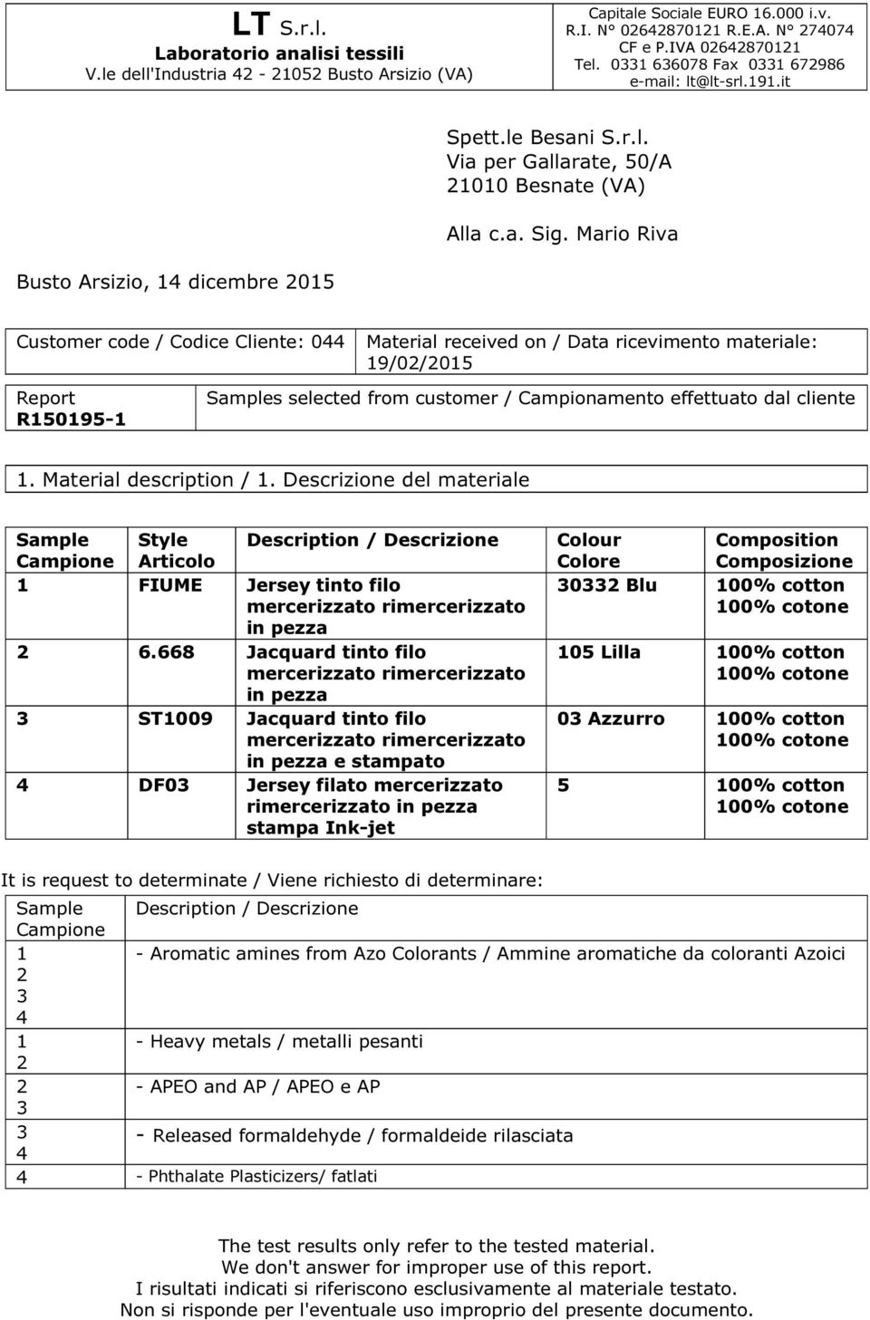 Mario Riva Busto Arsizio, dicembre 05 Customer code / Codice Cliente: 0 Material received on / Data ricevimento materiale: 9/0/05 Report R5095- s selected from customer / Campionamento effettuato dal