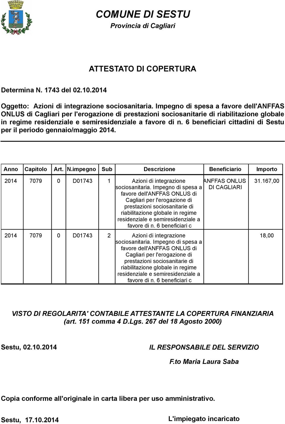 6 beneficiari cittadini di Sestu per il periodo gennaio/maggio 2014. Anno Capitolo Art. N.impegno Sub Descrizione Beneficiario Importo 2014 7079 0 D01743 1 Azioni di integrazione ANFFAS ONLUS 31.