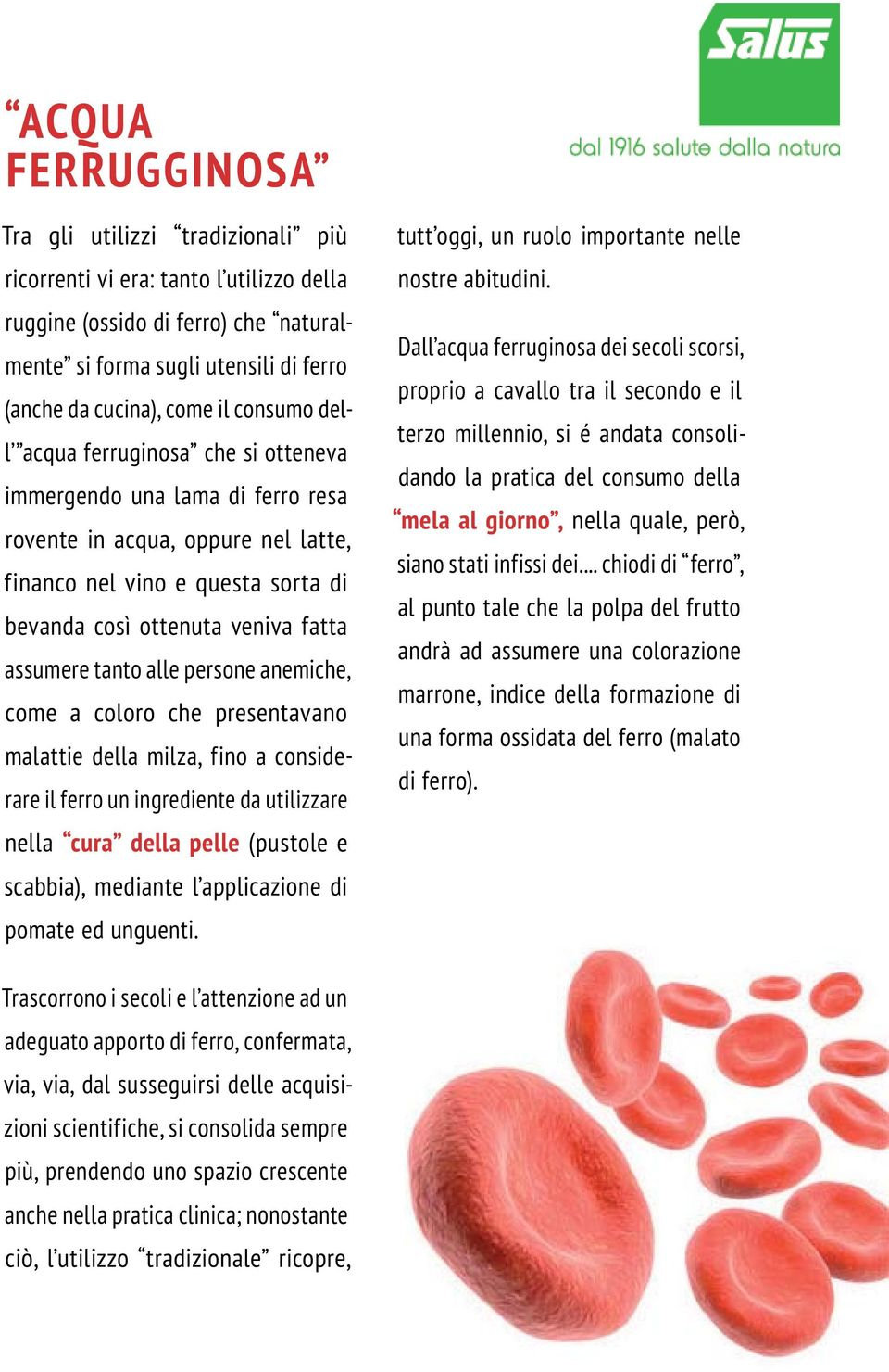 tanto alle persone anemiche, come a coloro che presentavano malattie della milza, fino a considerare il ferro un ingrediente da utilizzare nella cura della pelle (pustole e scabbia), mediante l