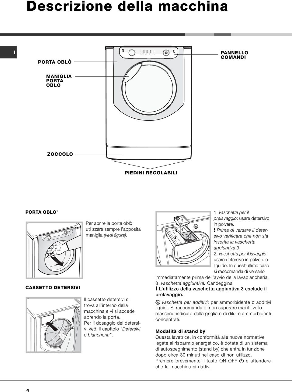 vaschetta per il 3 prelavaggio: usare detersivo in polvere. 1! Prima di versare il detersivo verificare che non sia 2 inserita la vaschetta aggiuntiva 3. 2. vaschetta per il lavaggio: usare detersivo in polvere o liquido.