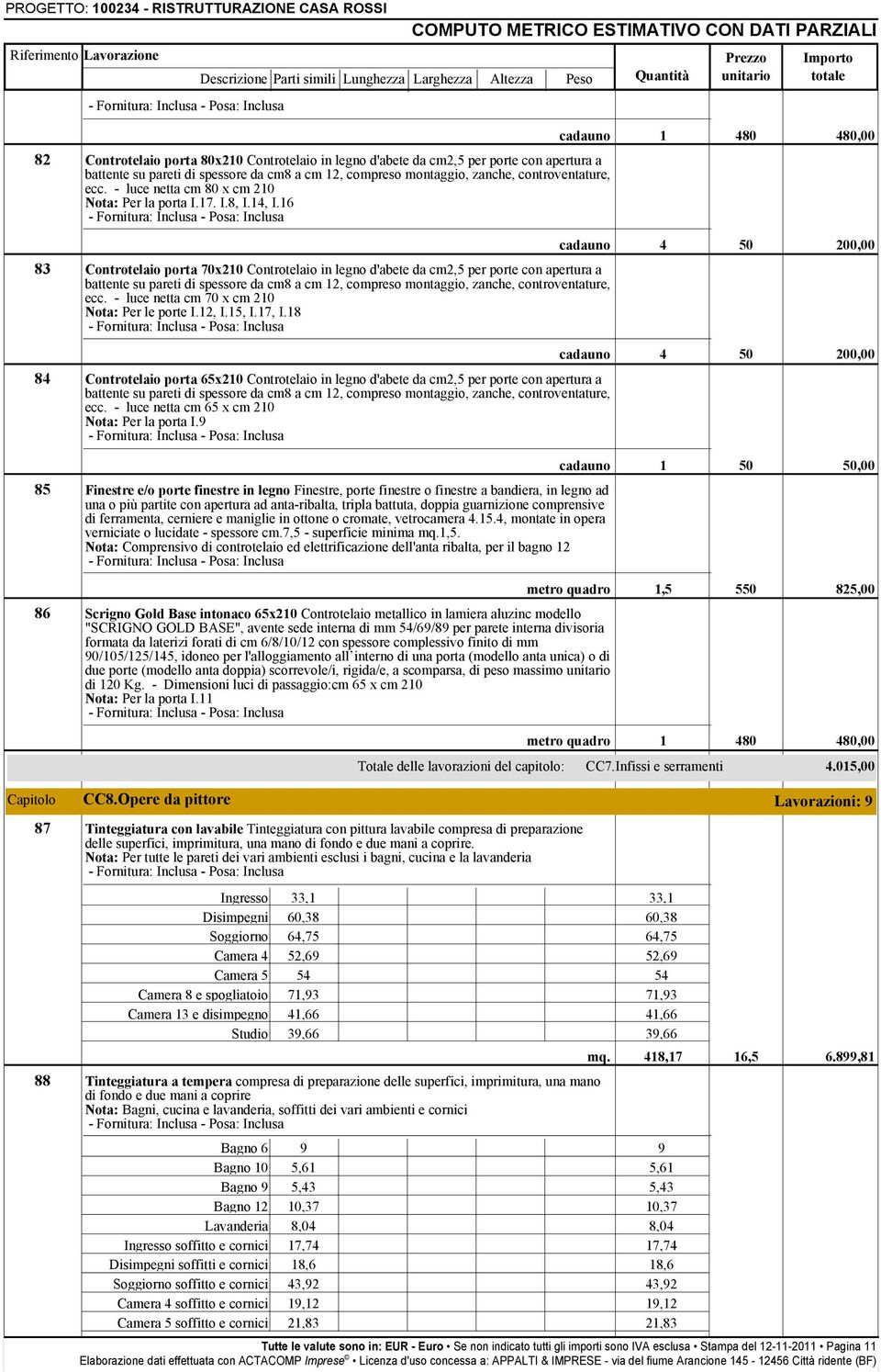 , I.6 80 80,00 83 Controtelaio porta 70x0 Controtelaio in legno d'abete da cm,5 per porte con apertura a battente su pareti di spessore da cm8 a cm, compreso montaggio, zanche, controventature, ecc.