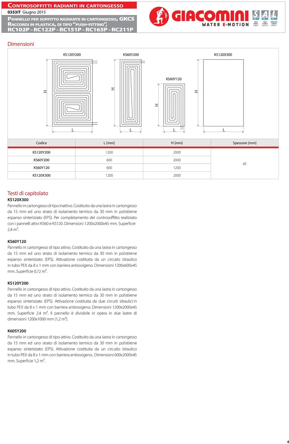 Per completmento del controsoffitto relizzto con i pnnelli ttivi KS60 e KS120. Dimensioni 1200x2000x45 mm. Superficie 2,4 m². KS60Y120 Pnnello in crtongesso di tipo ttivo.