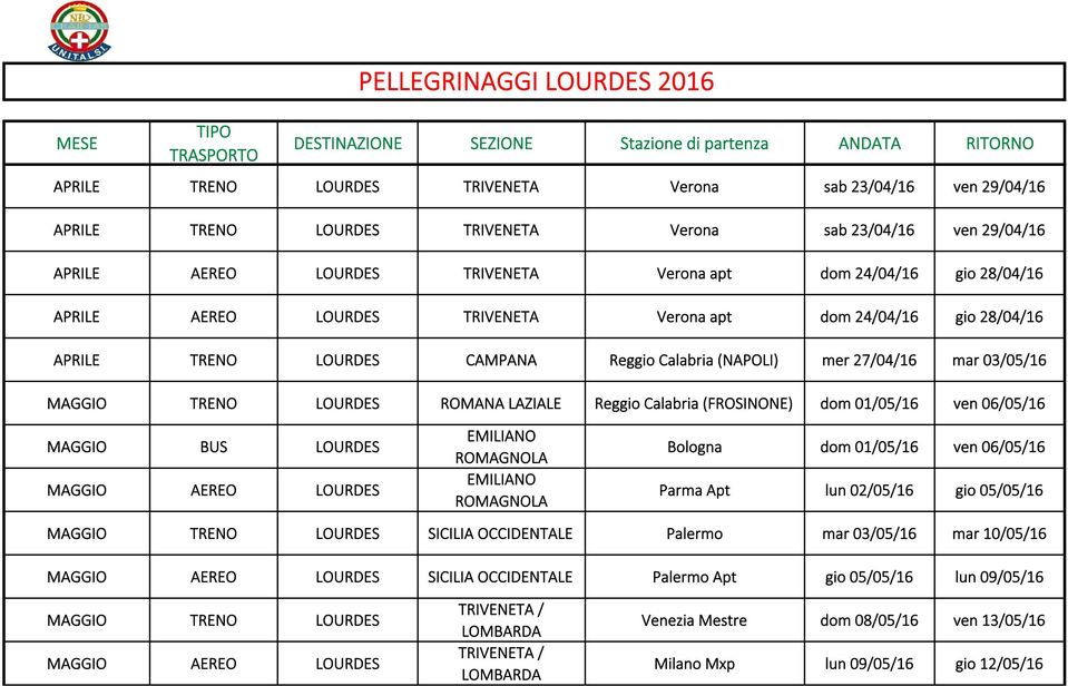 Reggio Calabria (NAPOLI) mer 27/04/16 mar 03/05/16 MAGGIO TRENO LOURDES ROMANA LAZIALE Reggio Calabria (FROSINONE) dom 01/05/16 ven 06/05/16 MAGGIO BUS LOURDES MAGGIO AEREO LOURDES Bologna dom