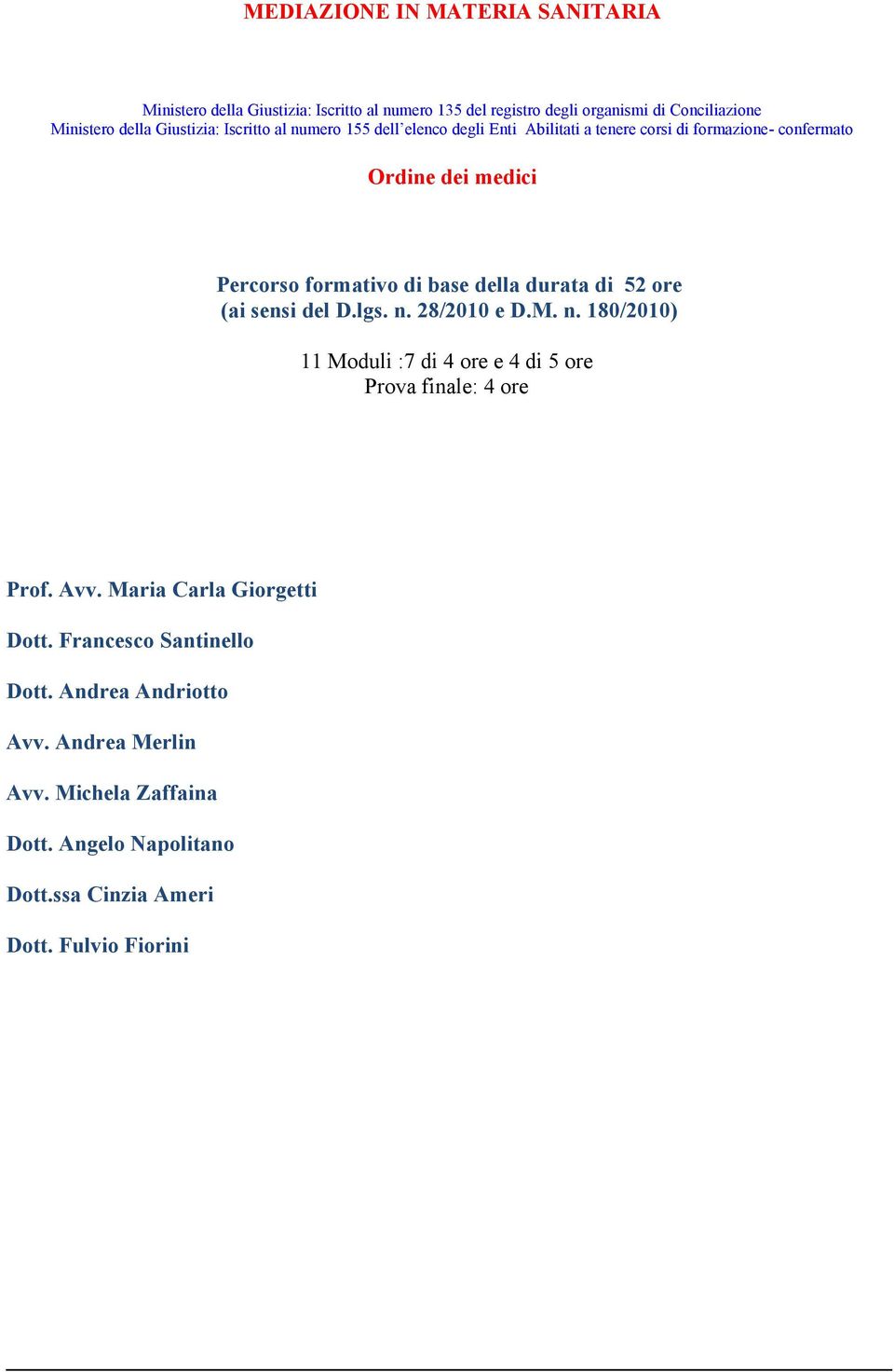 Percorso formativo di base della durata di 52 ore (ai sensi del D.lgs. n. 28/2010 e D.M. n. 180/2010) 11 Moduli :7 di 4 ore e 4 di 5 ore Prova finale: 4 ore Prof.