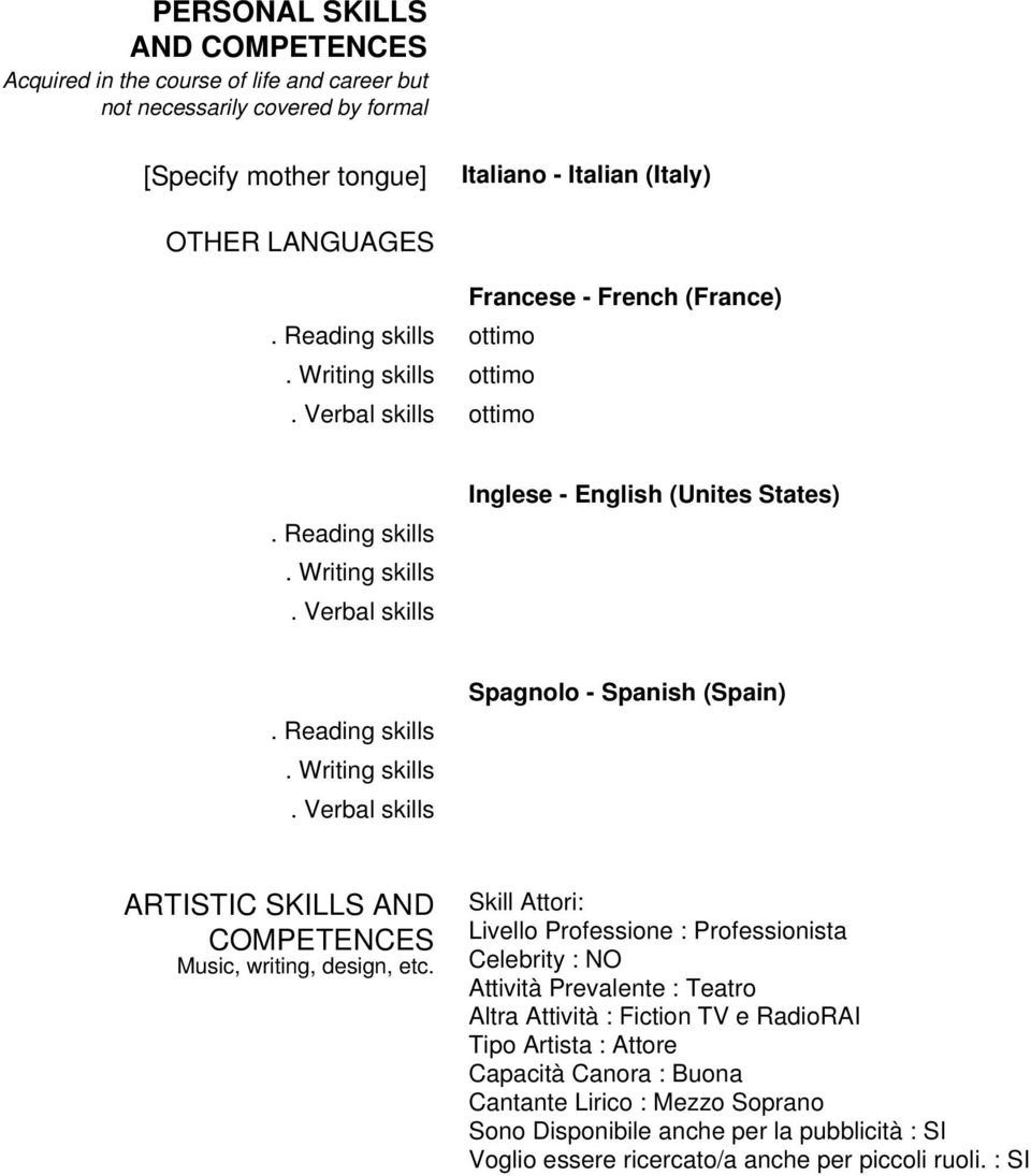 Verbal skills Inglese - English (Unites States). Reading skills. Writing skills. Verbal skills Spagnolo - Spanish (Spain) ARTISTIC SKILLS AND COMPETENCES Music, writing, design, etc.