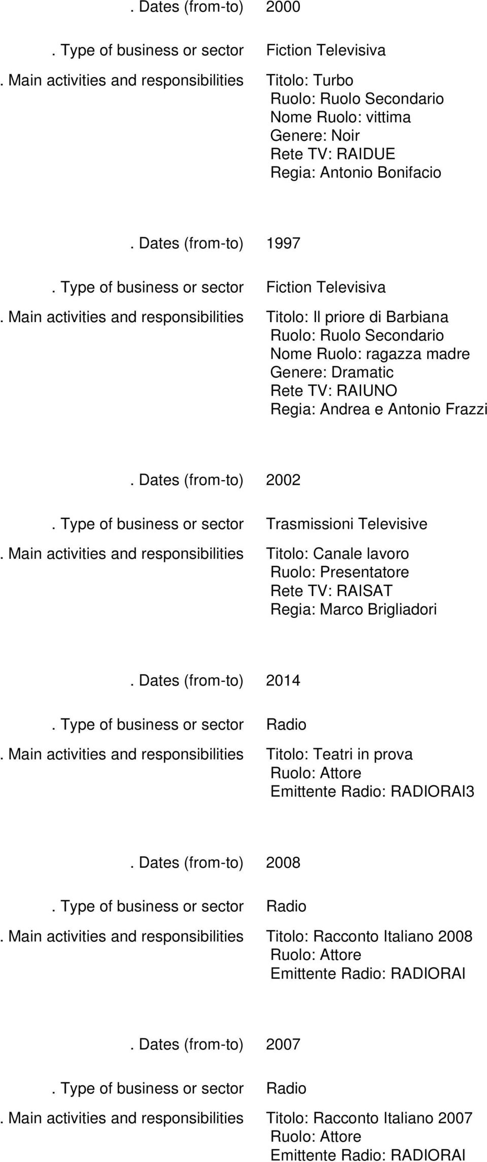 Frazzi 2002 Trasmissioni Televisive Titolo: Canale lavoro Ruolo: Presentatore Rete TV: RAISAT Regia: Marco Brigliadori 2014 Titolo: Teatri