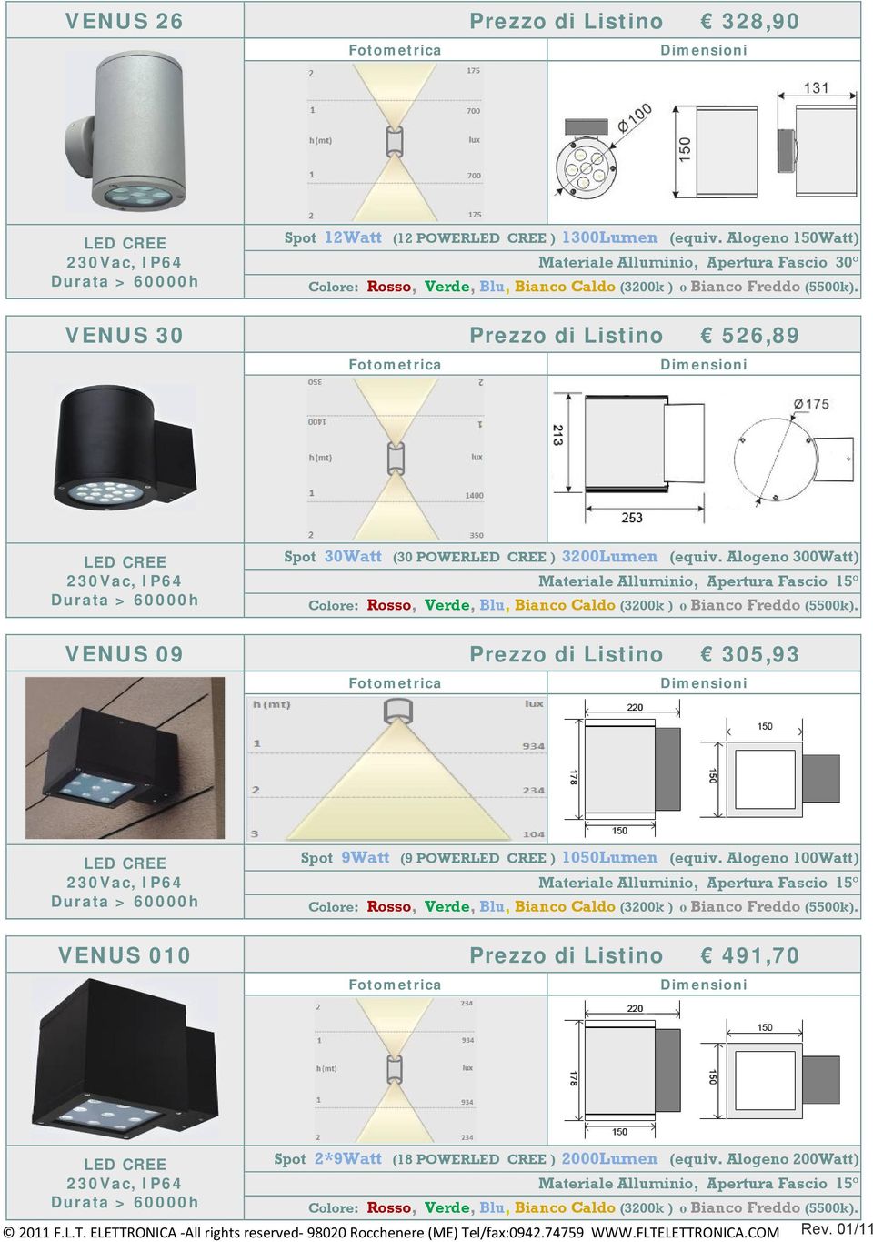 Alogeno 300Watt) Materiale Alluminio, Apertura Fascio 15 VENUS 09 Prezzo di Listino 305,93 230Vac, IP64 Spot 9Watt (9 POWER ) 1050Lumen